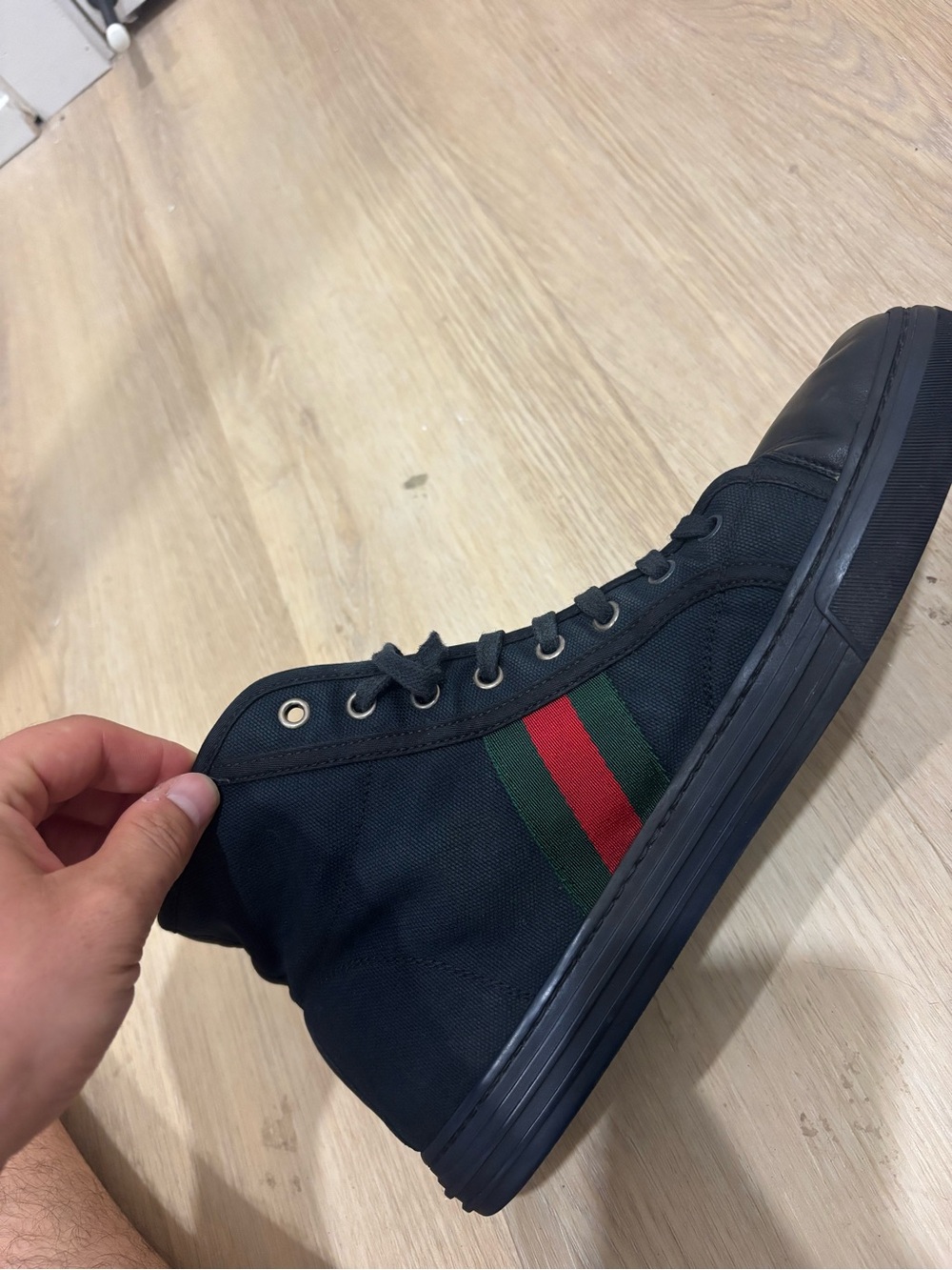 Gucci Black High-Top Sneakers with Red & Green Stripe